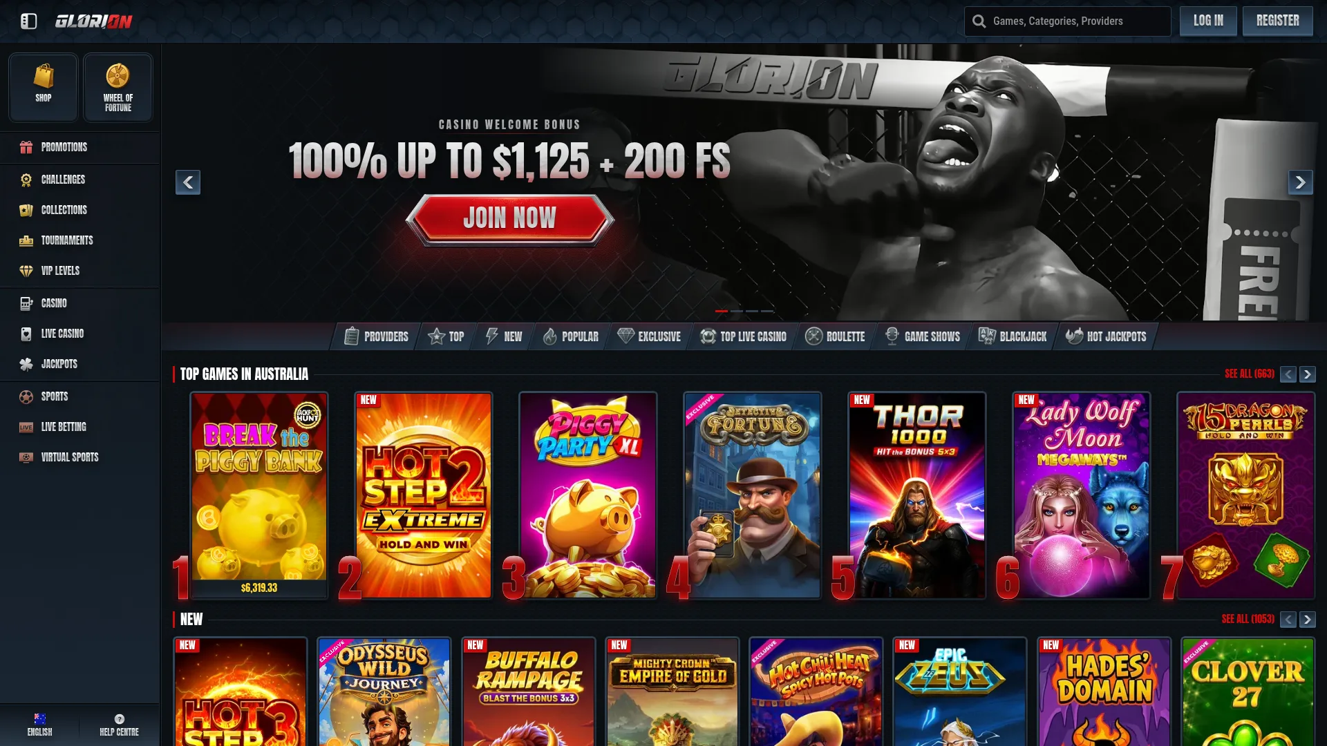 Glorion Casino desktop interface with casino and betting content